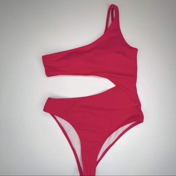 Shade & Shore One Shoulder Cut Out Ribbed One Piece Swim Pink S - Picture 3 of 14